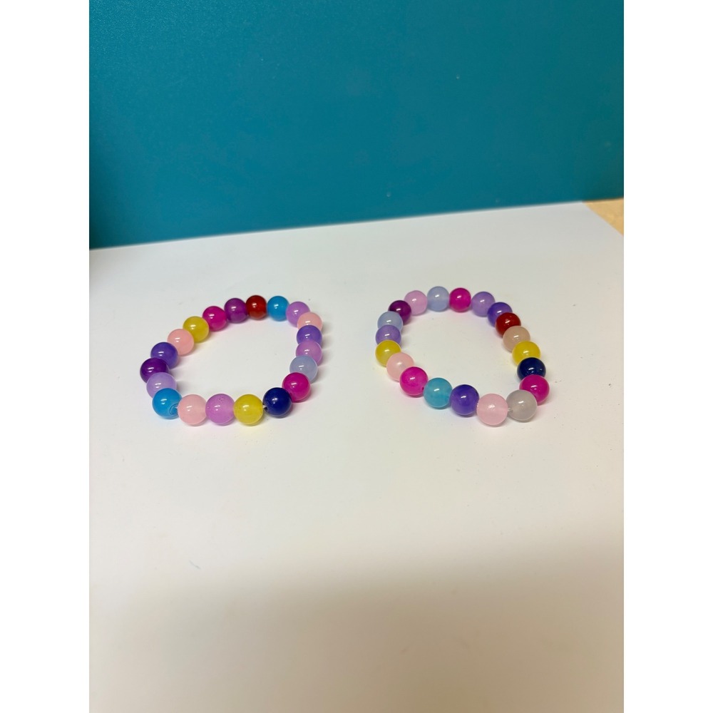 Set‎ of 2 Multicolor Round Bead Stretch Bracelets Rainbow Colorful Jewelry